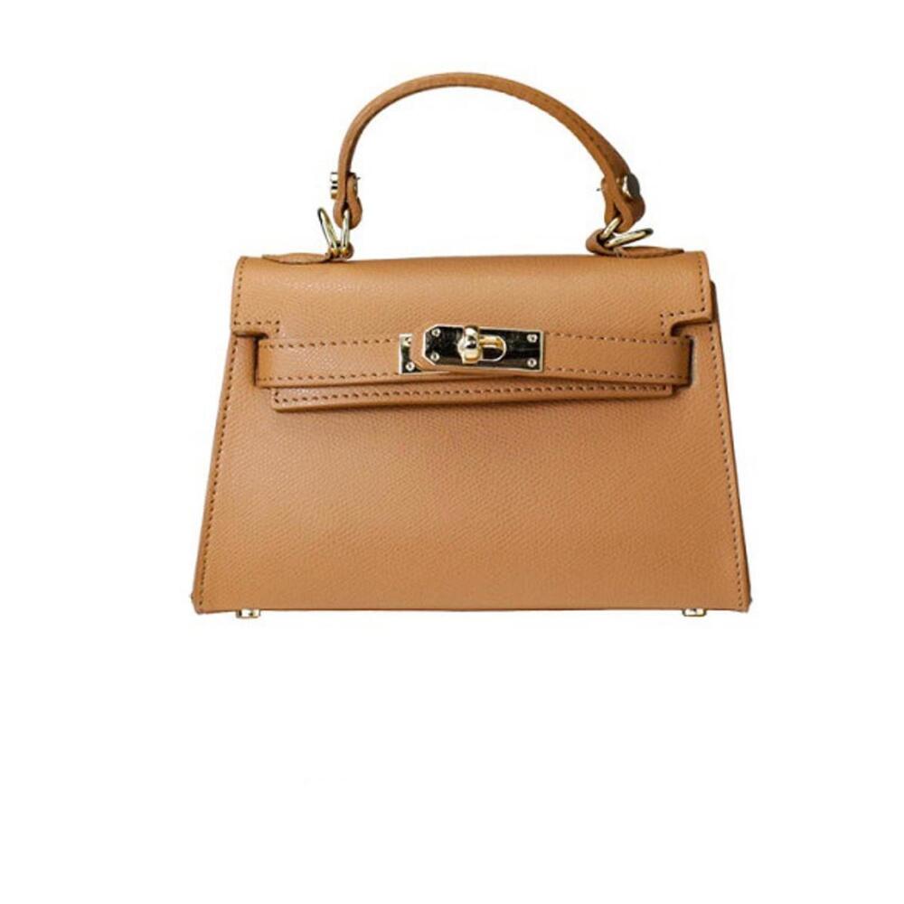 Elegant Mini Camel Italian Leather Handbag with Adjustable Strap